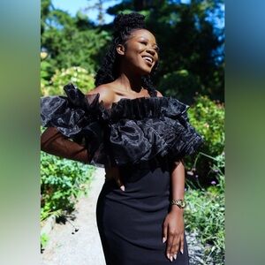 Midnight Dress by Ashabi handmade in Africa has arm holes under ruffle